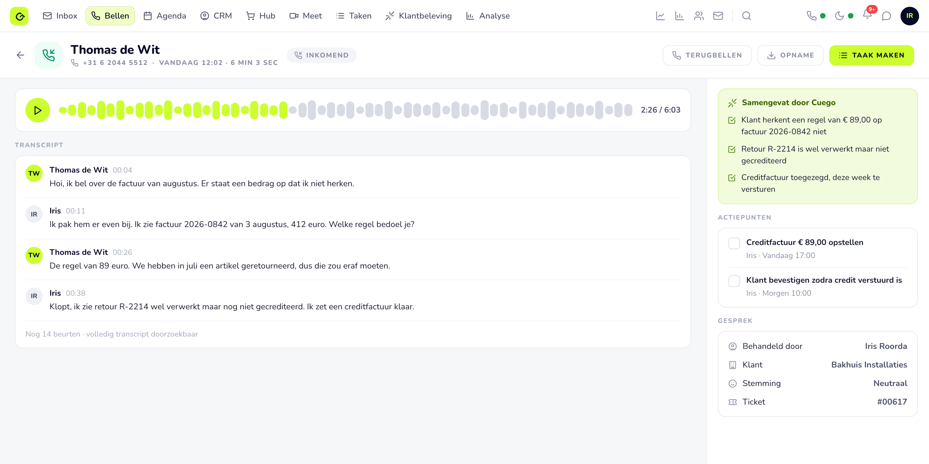 Een telefoongesprek in Cuego, met opname, transcript en samenvatting aan het ticket