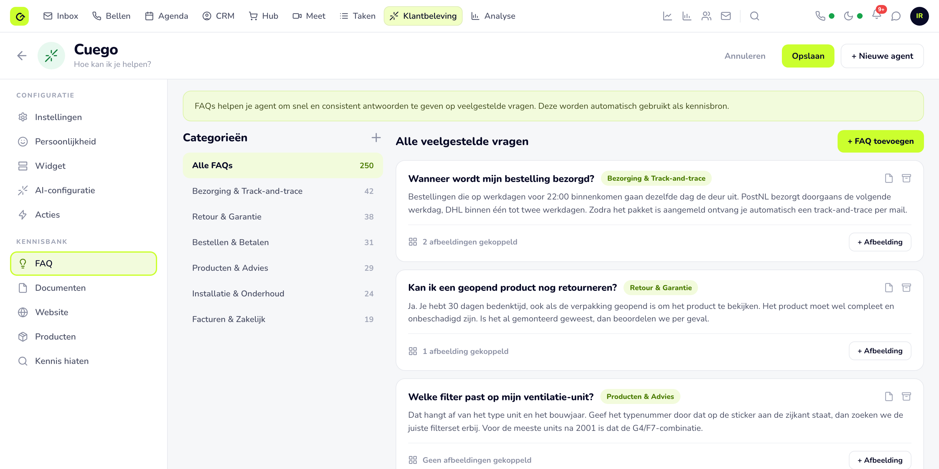 De veelgestelde vragen in Cuego: per categorie een vraag met het antwoord dat de agent geeft