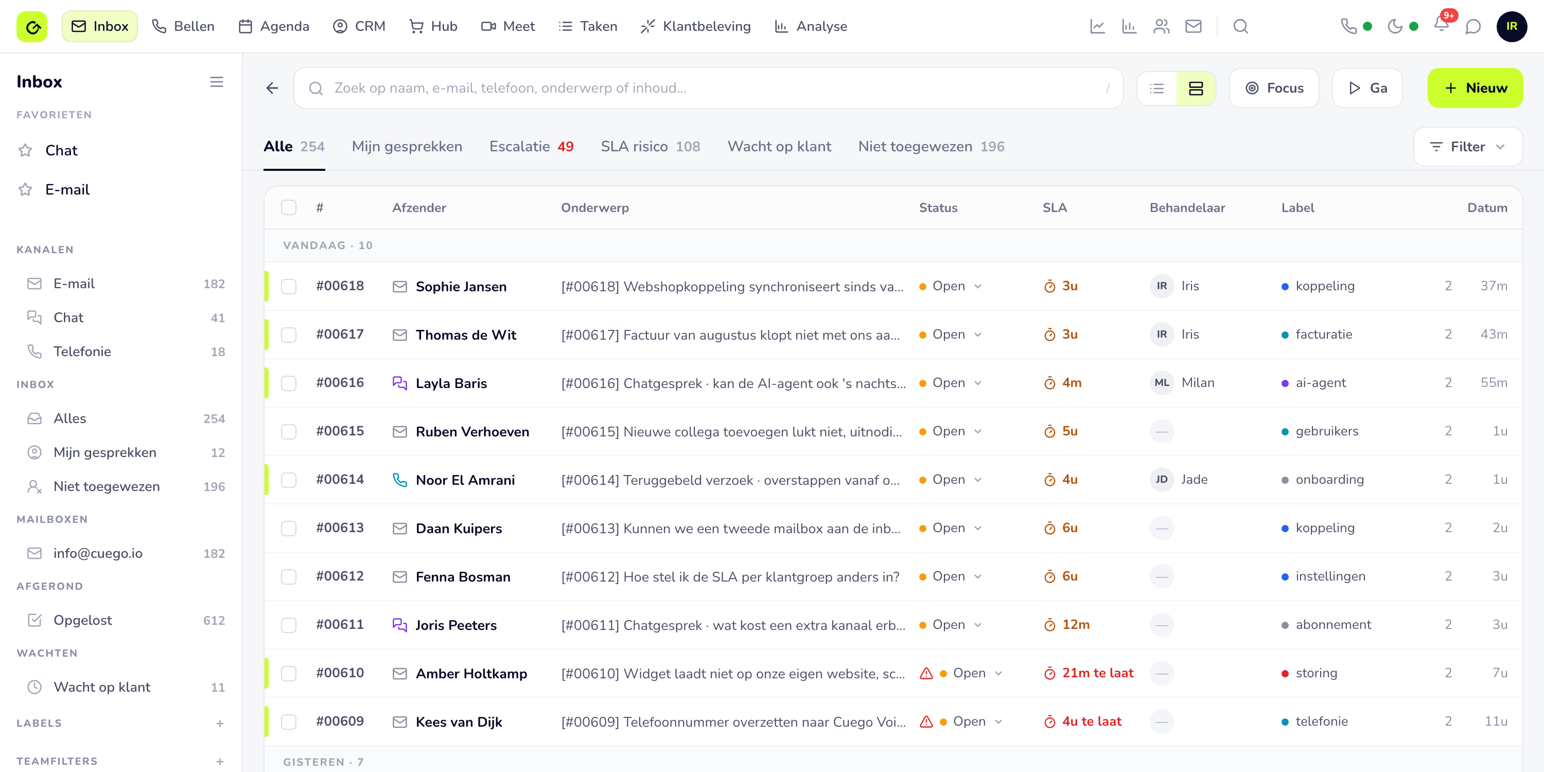 De Cuego-inbox: alle kanalen in een werkbak, met SLA per gesprek