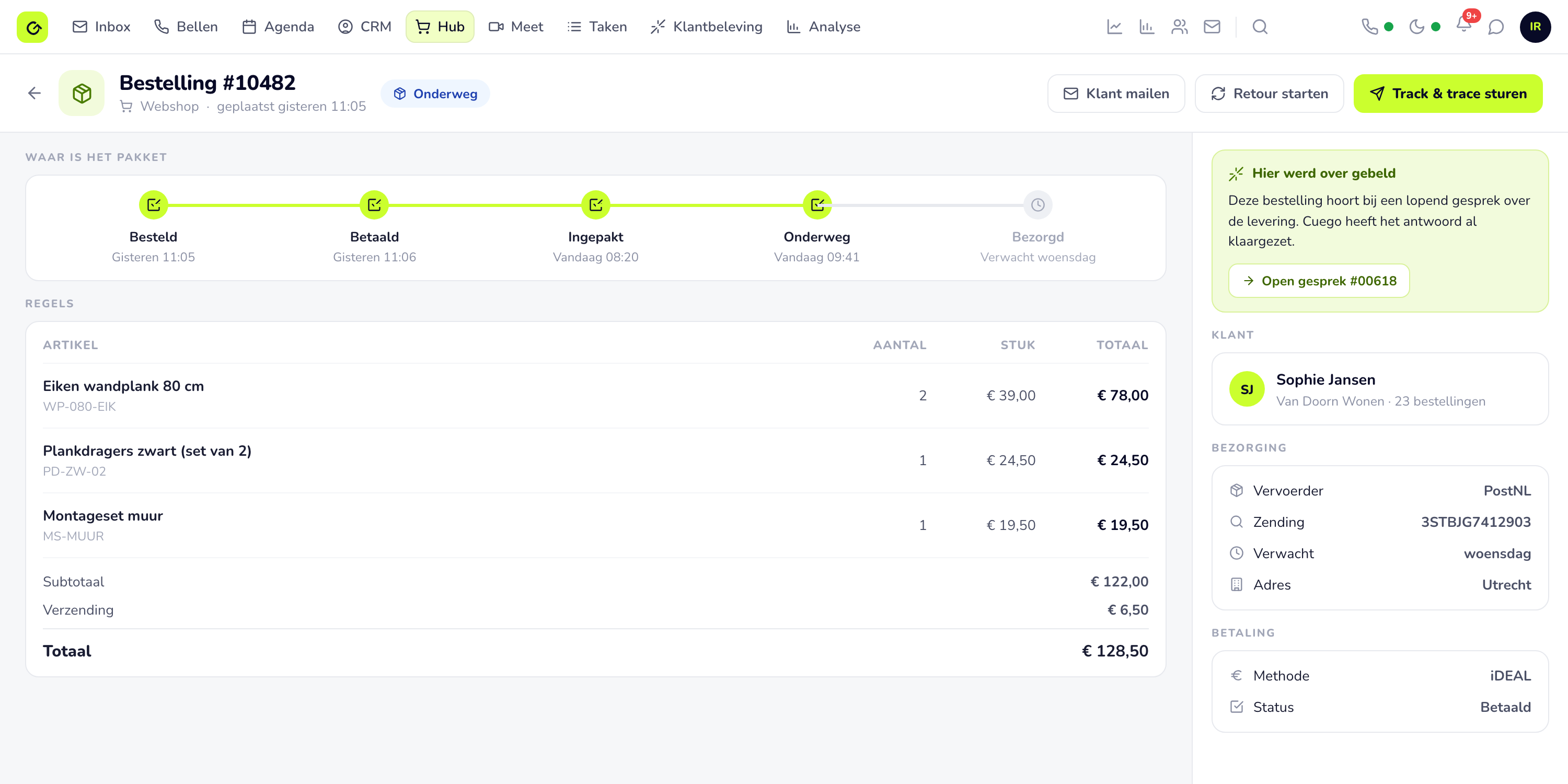 Een bestelling in Cuego: regels, verzendstatus en track & trace