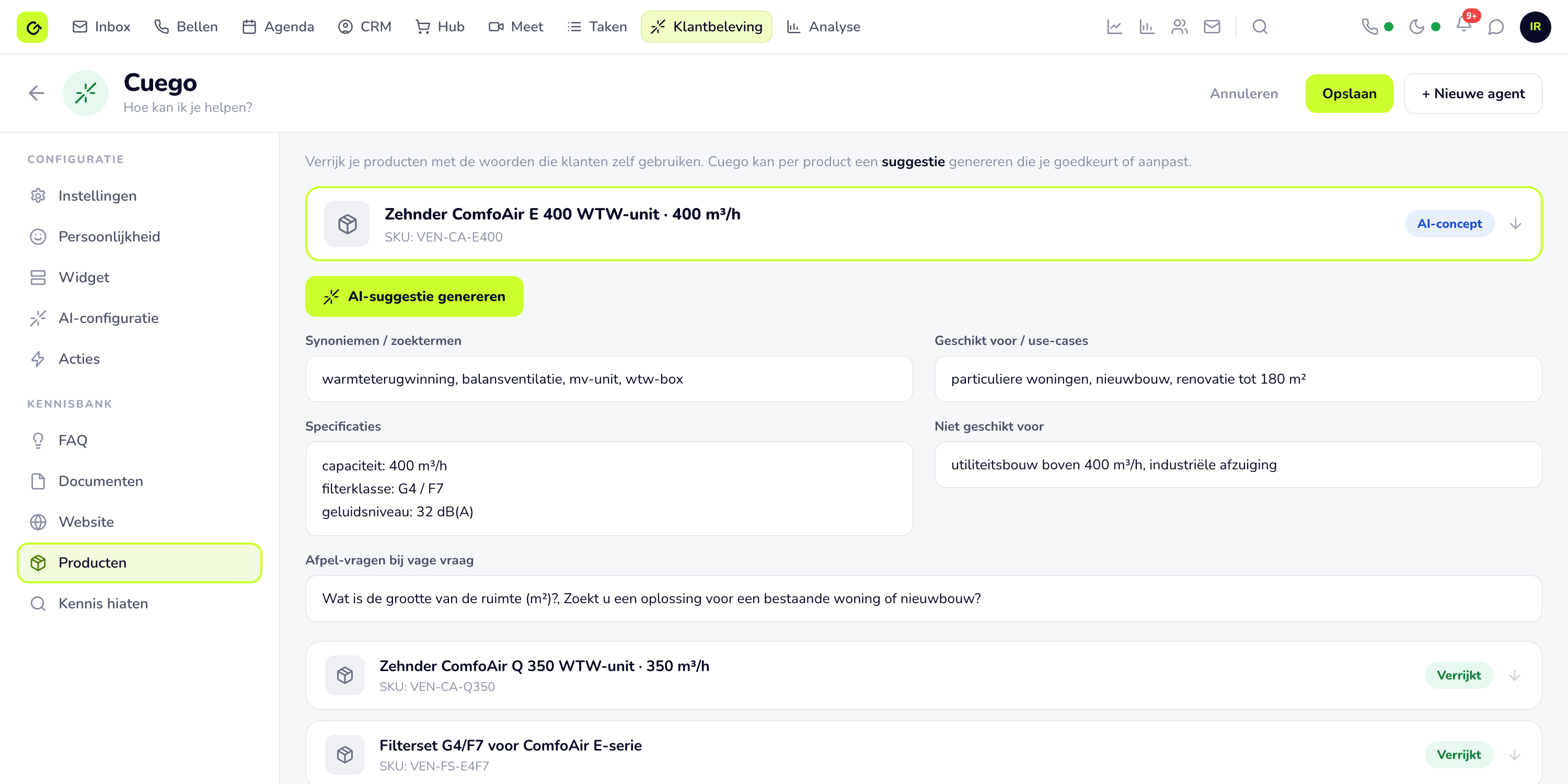 Productverrijking in Cuego: synoniemen, use-cases en de vragen die de agent stelt bij een vage vraag