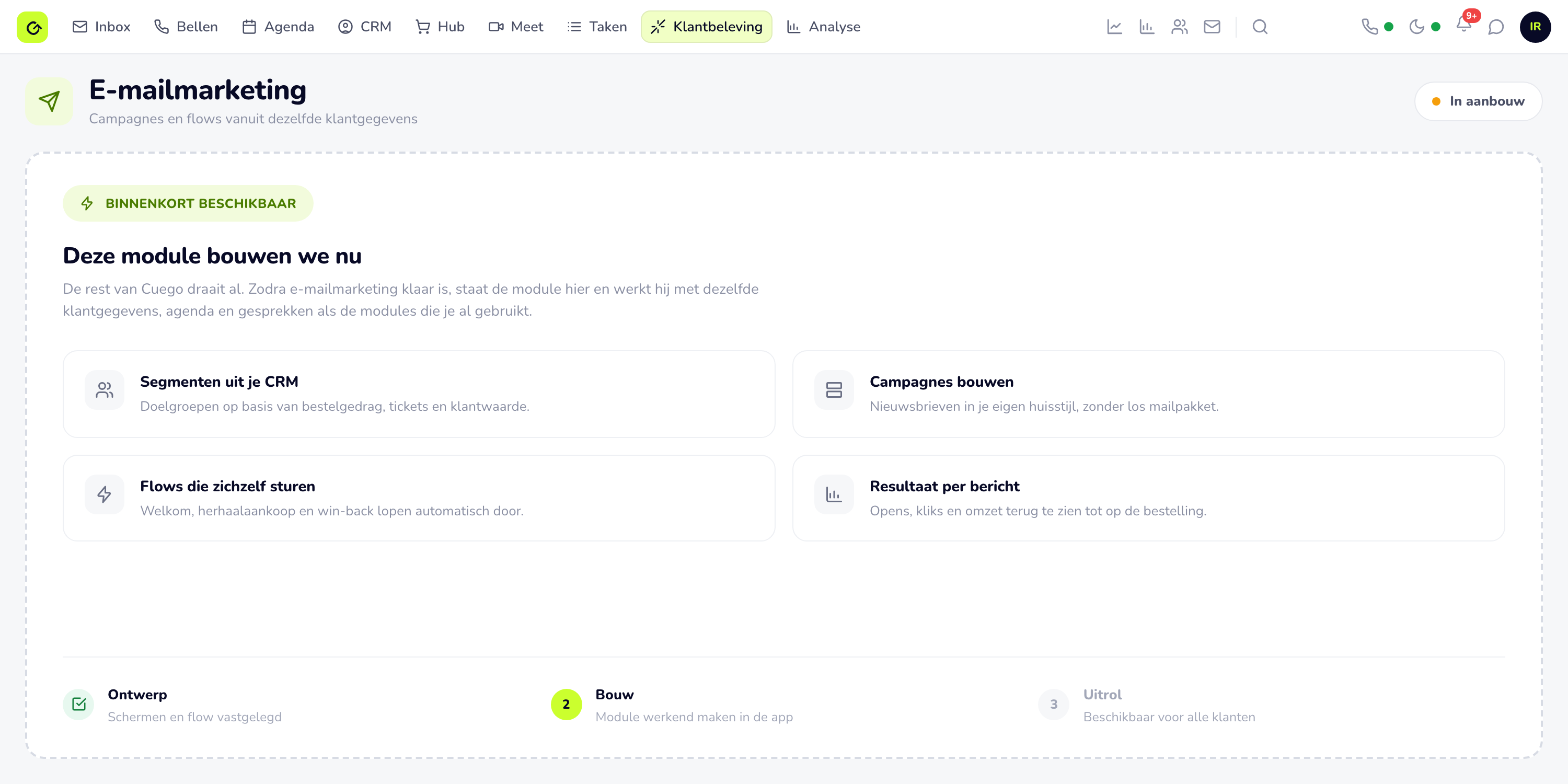 De e-mailmarketing-module in Cuego, die nu gebouwd wordt