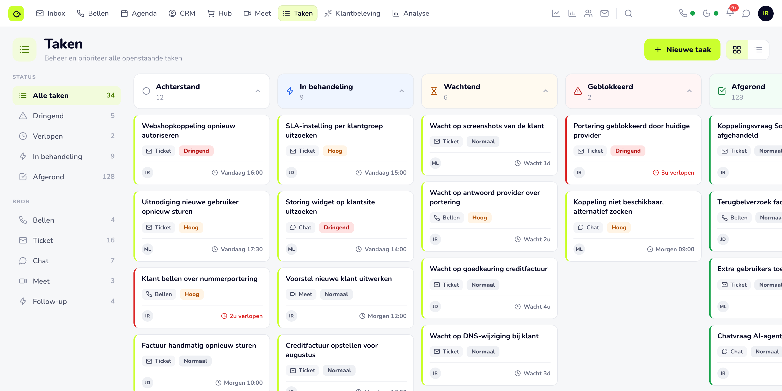 De takenmodule in Cuego: wat uit een gesprek volgt, per status