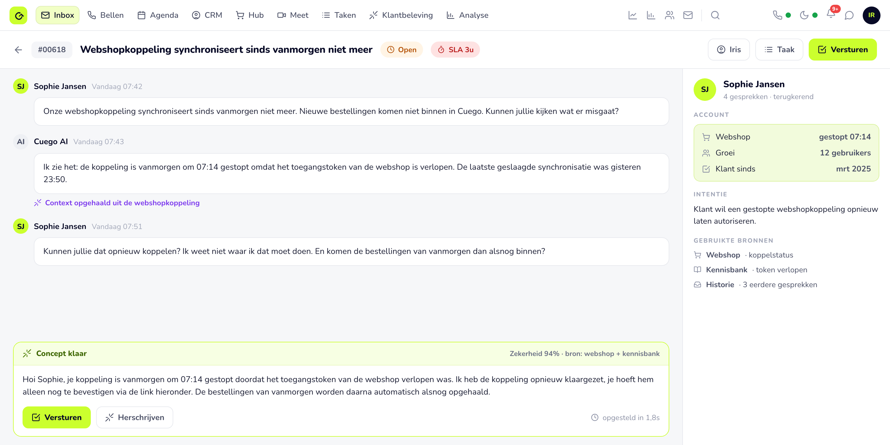 Eén ticket in Cuego: status, eigenaar en reactietijd bovenin, het gesprek eronder