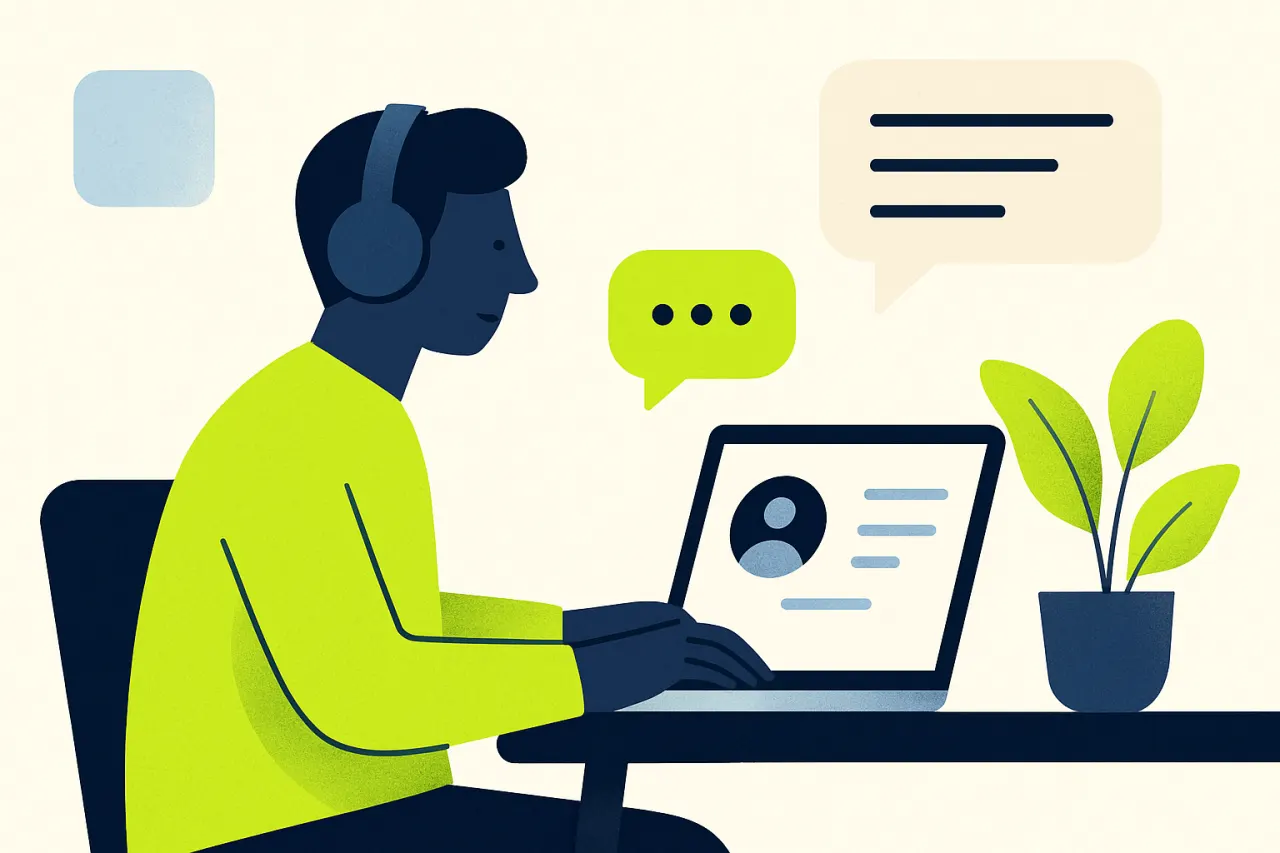 Servicemedewerker werkt aan klantgesprekken op een laptop