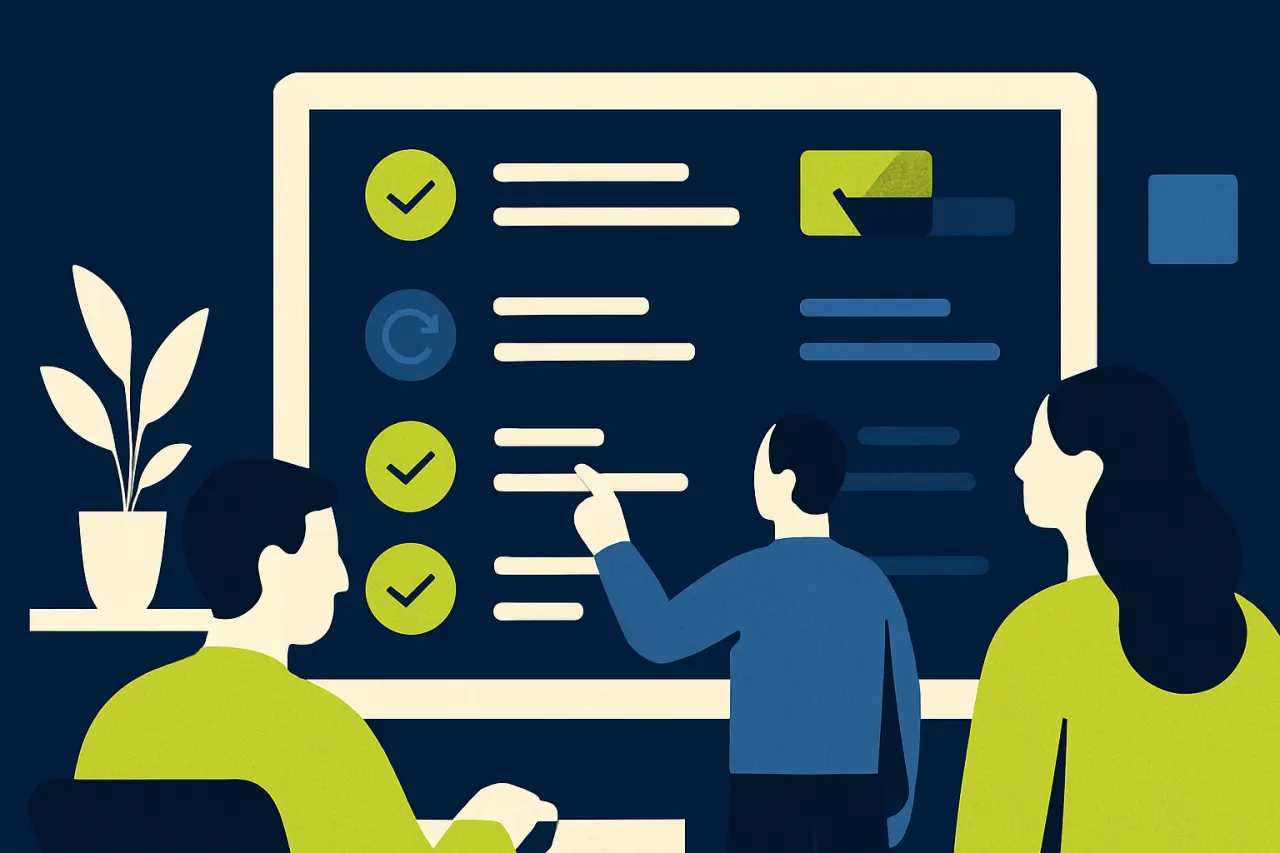 Team bekijkt een dashboard met retourstatussen