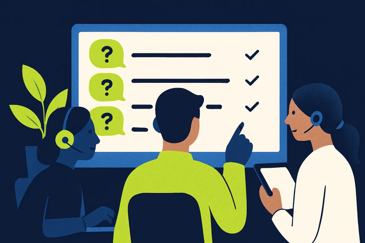 Serviceteam werkt samen aan een gedeeld scherm met openstaande vragen