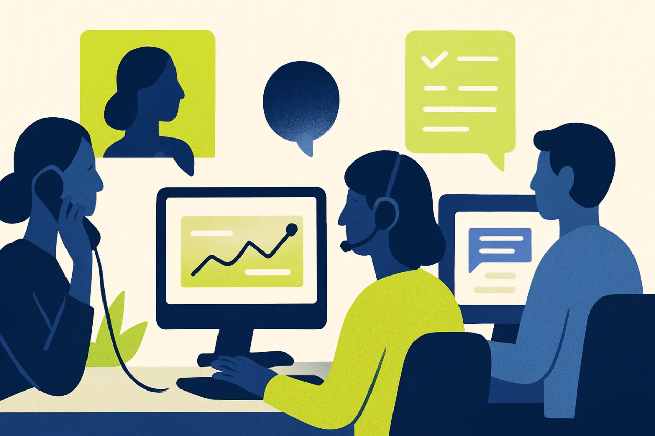 Serviceteam aan het werk met telefoon en dashboards