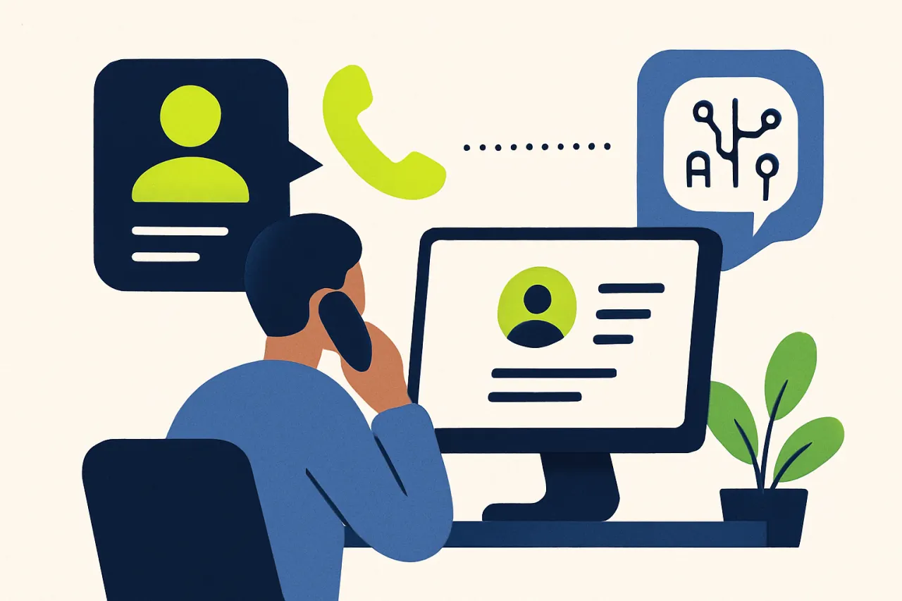 Medewerker met telefoon ziet klantgegevens op het scherm verschijnen