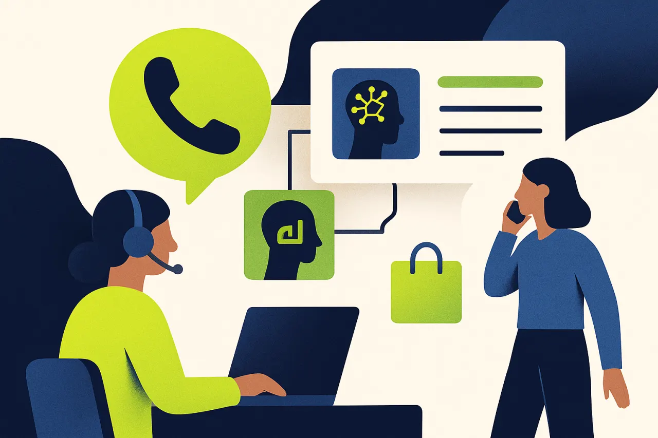 Servicemedewerker met headset aan het telefoneren achter een laptop