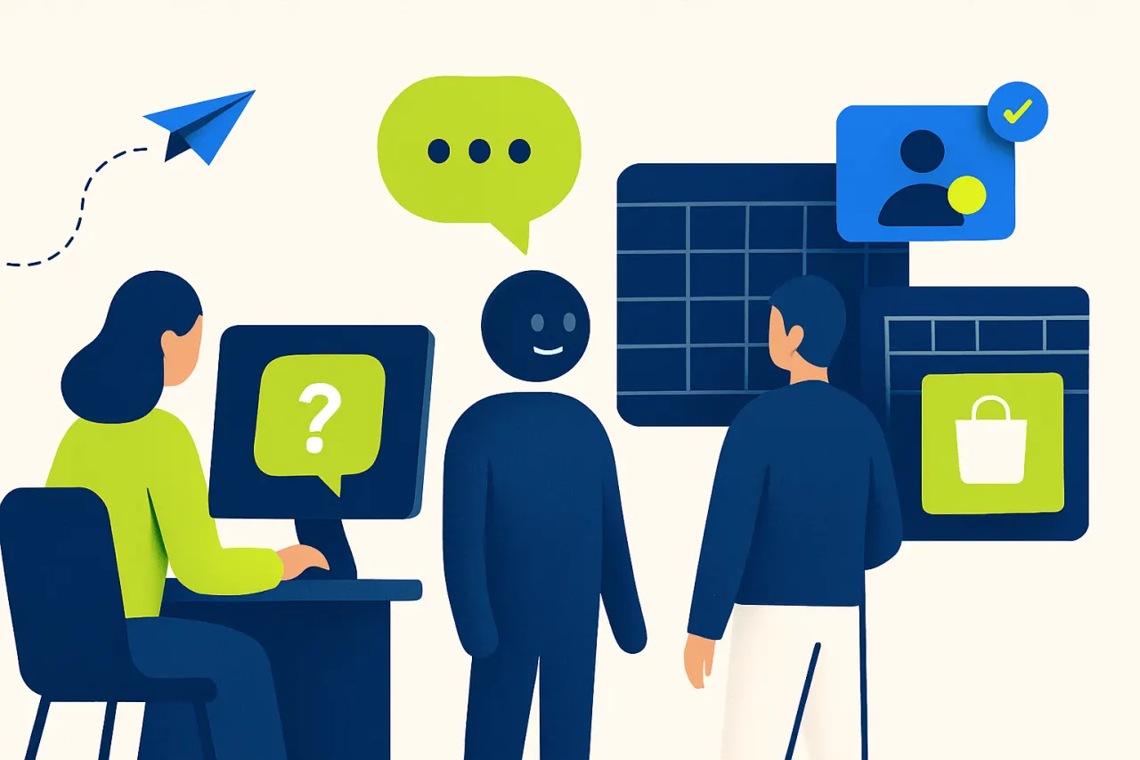 Servicemedewerker met meerdere schermen vol losse tools
