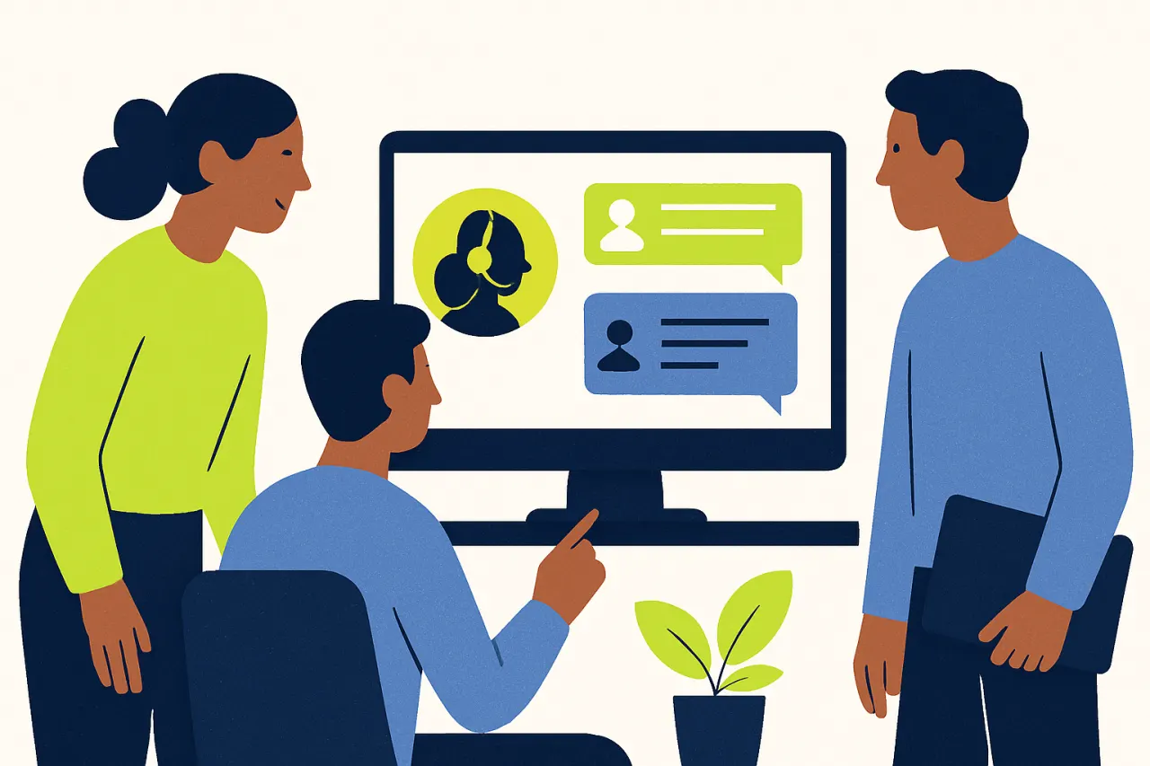 Team overlegt rond een scherm met klantgesprekken