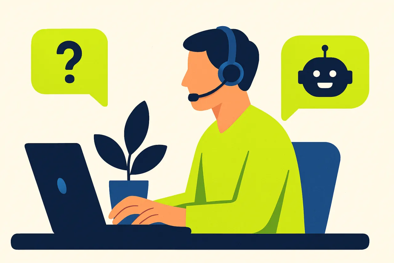 Medewerker met headset beantwoordt een klantvraag achter een laptop